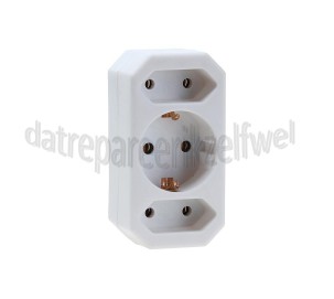 Foto van Stekker 3500W 1x 16A/250V RA 2x 2.5A/250V wit Stekker-splitter naar 1x RA en 2x Euro stekker 
