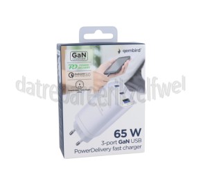 Foto van Gembird USB power adapter USB-C Combo Snellader, 65W USB-C, USB-A, 3 Poorten, PowerDelivery 