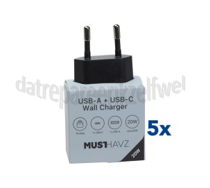 Foto van Musthavz USB Oplader 20W, zwart USB-A en USB-C, Universeel gebruik 