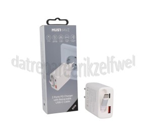 Foto van Musthavz Oplader PD Oplader met 2 Poorten, Inklapbare Kabel, Wit USB-C kabel, 65W, Fast Charging 