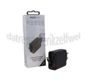 Foto van Musthavz Oplader PD Oplader met 2 Poorten, Inklapbare Kabel, Zwart USB-C kabel, 65W, Fast Charging 