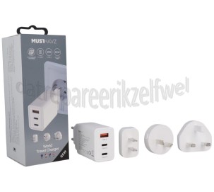 Foto van Musthavz Oplader Wereld Reislader PD 65W, Wit 2x USB-C, 1x USB-A, EU, UK, USA, AU 