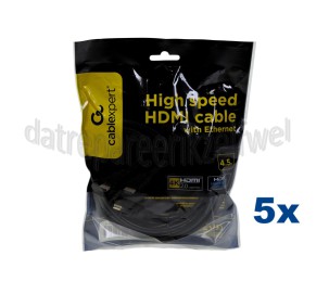 Foto van HDMI Kabel HDMI A Male - HDMI A Male 4,5 Meter, High Speed met Ethernet, Verguld 