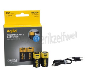 Foto van Aqiila Batterij Rechargeable USB-C, CR123A, 2 Stuks 750mAh 