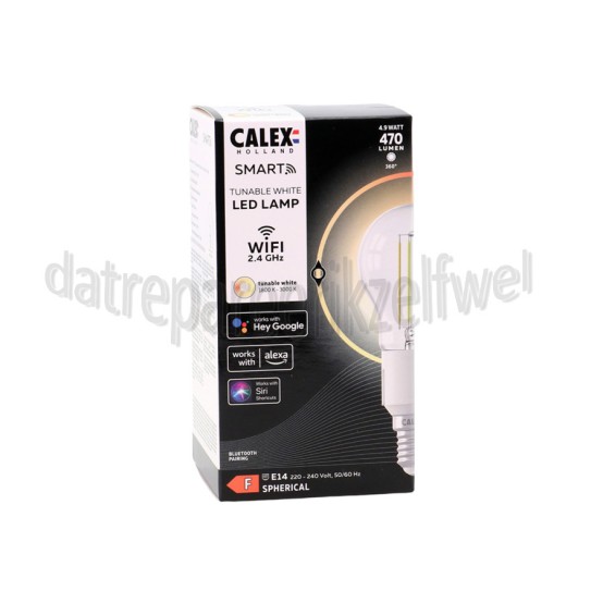 Foto van Calex Ledlamp Smart LED Kogellamp P45 E14 Filament Clear 220-240V, 4,9W, 470lm, 1800-3000K 