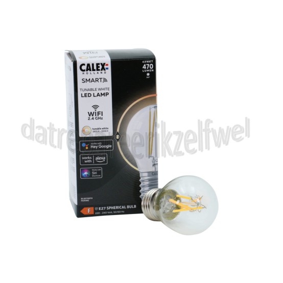 Foto van Calex Ledlamp Smart LED Kogellamp P45 E27 Filament Clear 220-240V, 4,9W, 470lm, 1800-3000K 