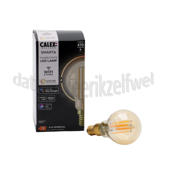 Foto van Calex Ledlamp Smart LED Filament Rustic Gold kogellamp P45 220-240V, 4,9W, 470lm, 1800-3000K 