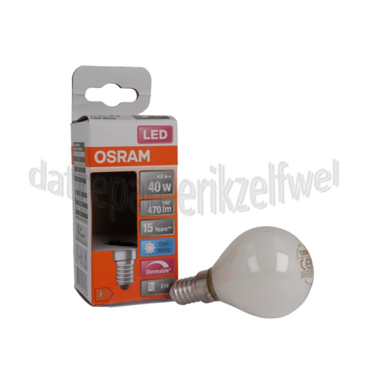 Foto van Osram Ledlamp LED Retrofit Classic P40 Dimbaar E14 Mat 4,8W, 4000K, 470lm 