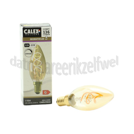 Foto van Calex Ledlamp Kaars LED lamp Flexible Filament Gold E14 2.5W 136lm 2100K Dimbaar 