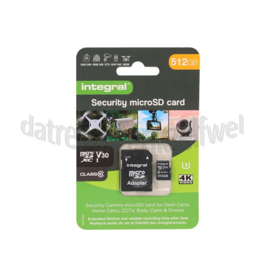 Foto van Integral Memory card Security Micro SD 4K V30 UHS-1U3 A1 Class 10 512 GB Dash Cam en beveiligingscamera 