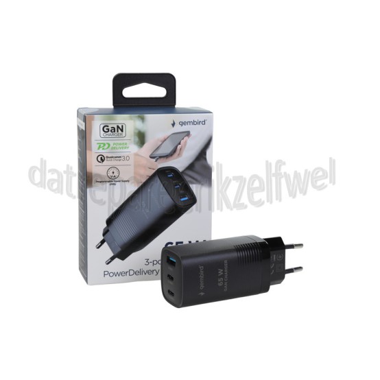 Foto van Gembird USB power adapter USB-C Combo Snellader, 65W USB-C, USB-A, 3 Poorten, PowerDelivery 