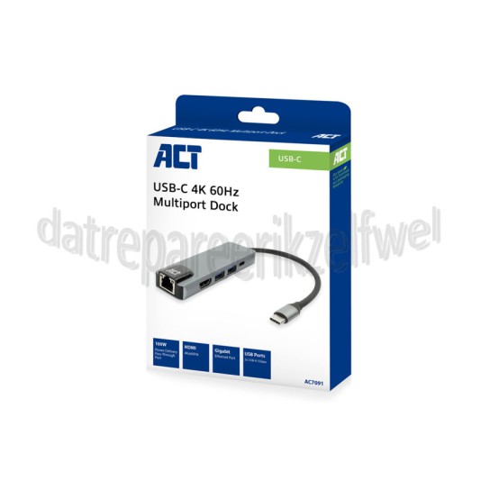Foto van ACT Hub USB-C 4K docking station 1 HDMI monitor, ethernet, USB-A, PD pass-through 