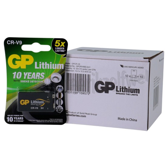 Foto van GP Batterij Blokje 6LR61 9V E blokje Lithium *10 jr mbt rookmelder* 