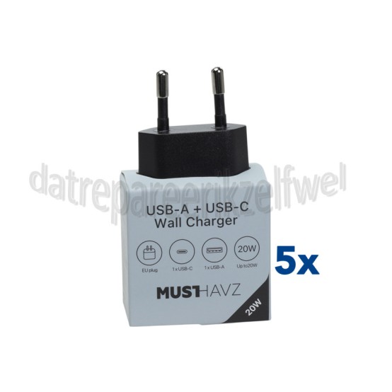 Foto van Musthavz USB Oplader 20W, zwart USB-A en USB-C, Universeel gebruik 