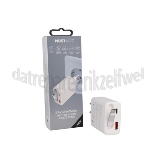 Foto van Musthavz Oplader PD Oplader met 2 Poorten, Inklapbare Kabel, Wit USB-C kabel, 65W, Fast Charging 