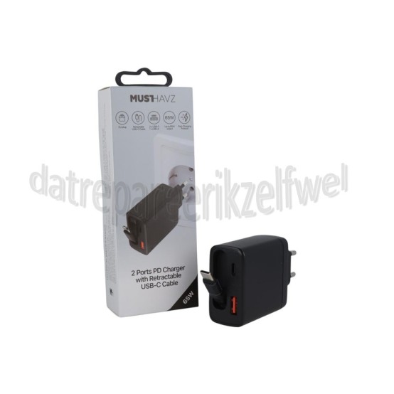 Foto van Musthavz Oplader PD Oplader met 2 Poorten, Inklapbare Kabel, Zwart USB-C kabel, 65W, Fast Charging 