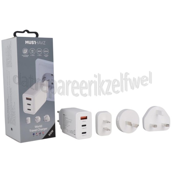 Foto van Musthavz Oplader Wereld Reislader PD 65W, Wit 2x USB-C, 1x USB-A, EU, UK, USA, AU 