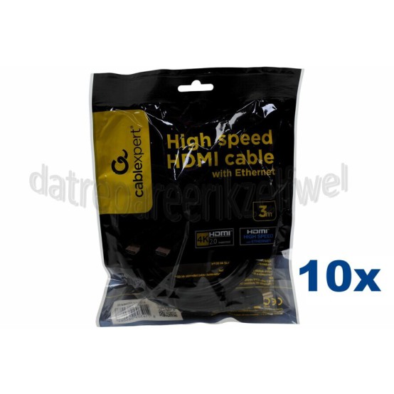 Foto van HDMI Kabel HDMI A Male - HDMI A Male 3 Meter, High Speed met Ethernet, Verguld 