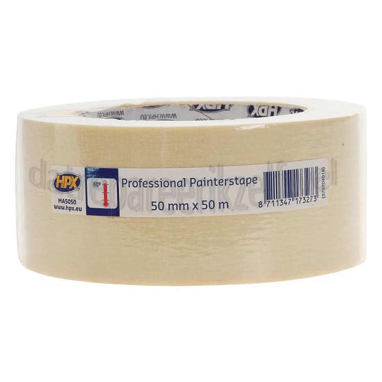 Foto van HPX Tape Afplakband 60 Graden Cremewit Masking Tape, 50mm x 50 meter 