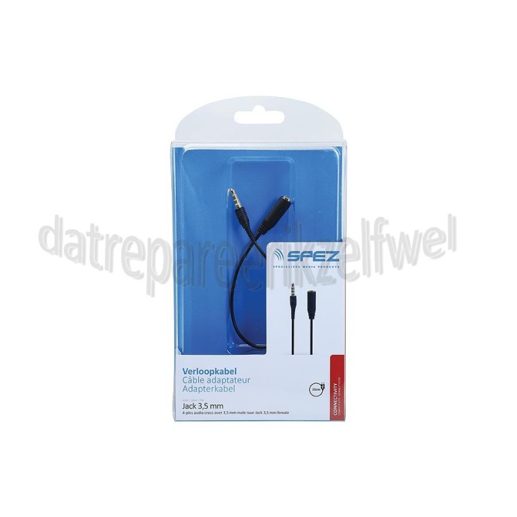 Foto van Spez Verloopkabel 4-pins audio cross-over, 15 cm Jack 3,5mm male naar Jack 3,5 mm female 