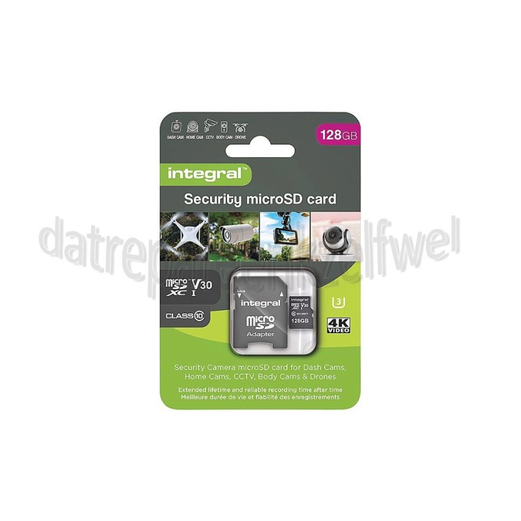 Foto van Integral Memory card Security Micro SD 4K V30 UHS-1U3 A1 Class 10 128 GB Dash Cam en beveiligingscamera 
