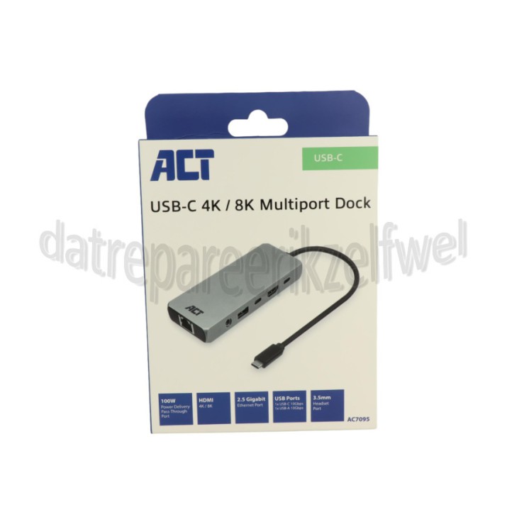 Foto van ACT Hub USB-C 4K / 8K 60Hz Dockingstation 1 HDMI monitor, USB-C, USB-A, 3,5mm, 2,5 Gb Ethernet 